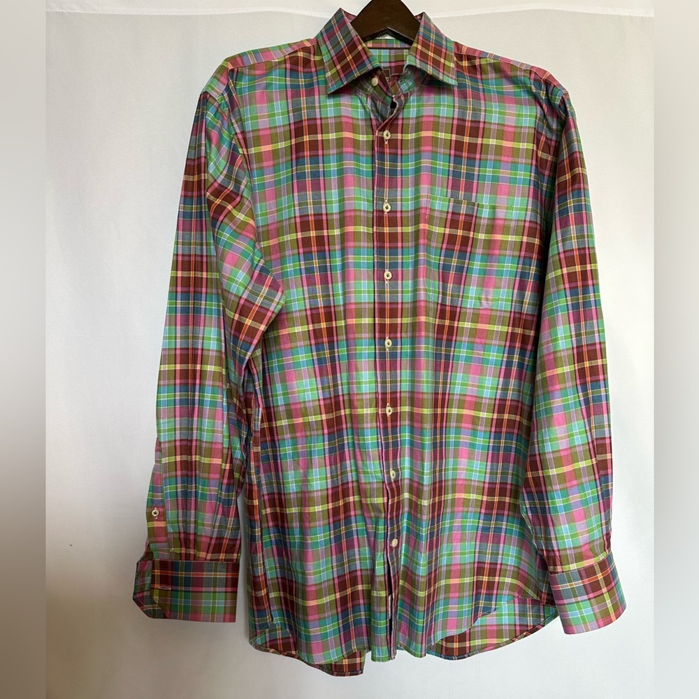 Peter Millar Mens XL Multi-Color Plaid Button Down Shirt 100% Cotton Turkey